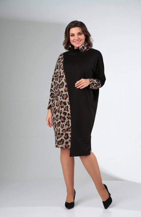 Трикотажное платье LadisLine 1422 бежевый_леопард+черный