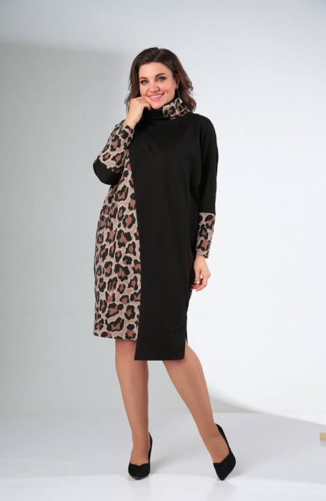 Трикотажное платье LadisLine 1422 бежевый_леопард+черный
