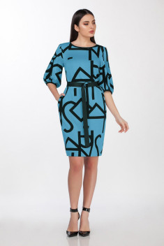 Трикотажное платье Элль-стиль А-534 бирюзовый/принт