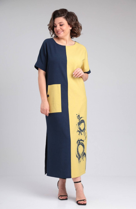 Платье LadisLine 1494 темно-синий+горчица