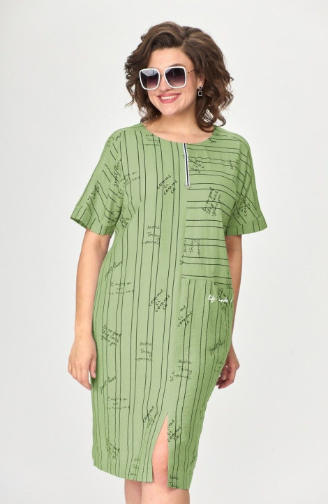 Льняное платье Милора-стиль 1110 зеленый/буквы